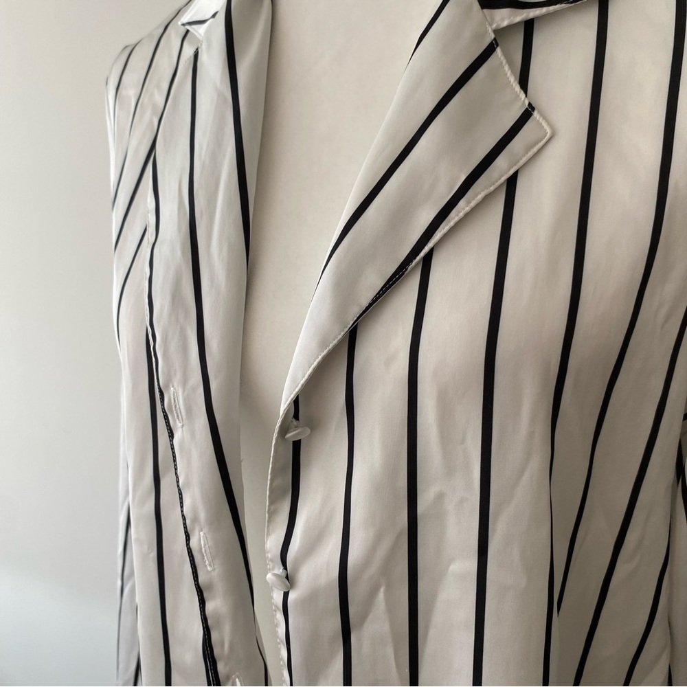 La Vie En Rose Black and White Vertical Stripe Satin Shirt - Picture 8 of 10